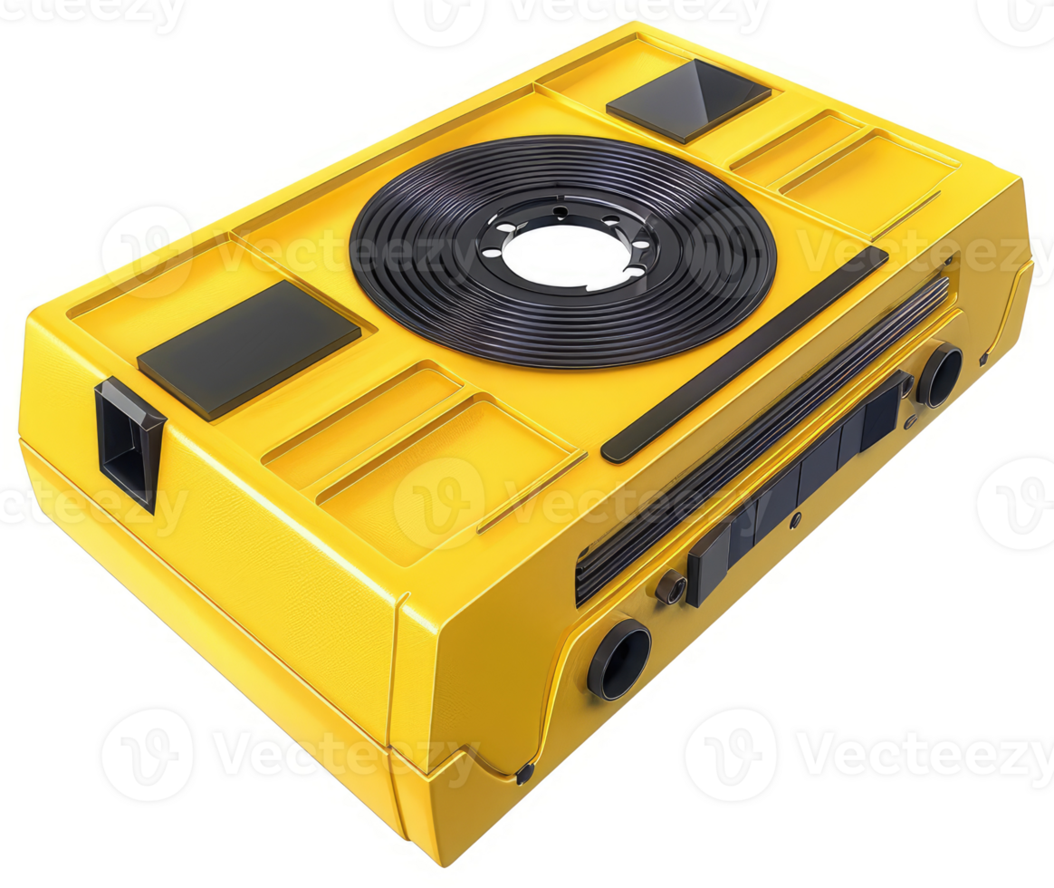 Retro yellow cassette player with a vinyl record design. png