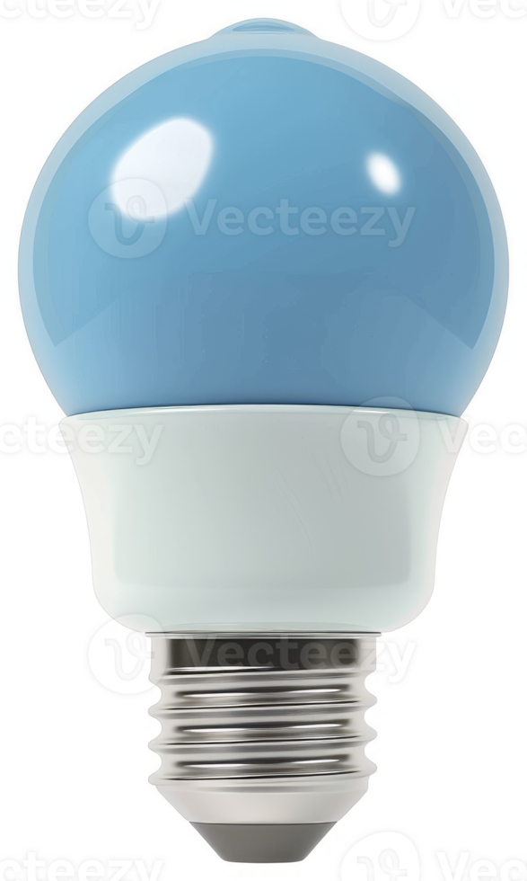 Light blue, round LED lightbulb with a light beige base. png