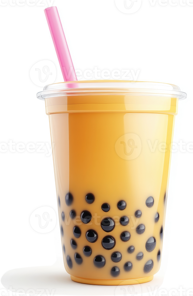 Bright orange bubble tea in a clear plastic cup. png