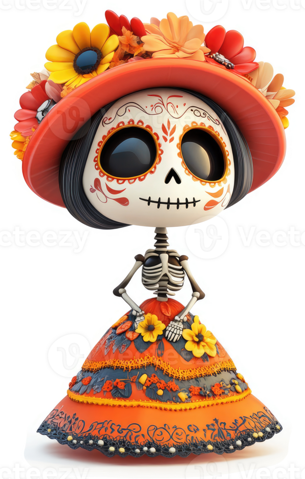 Colorful Day of the Dead skeleton doll in festive attire. png