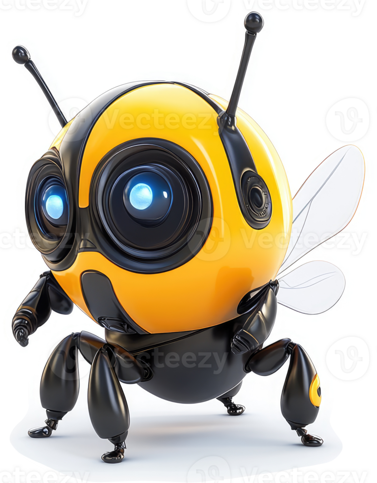 A futuristic, robotic bee character with glowing eyes. png