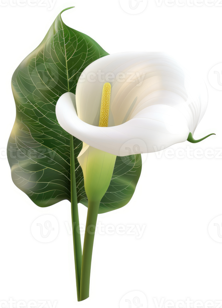 A delicate white calla lily with lush green leaves. png