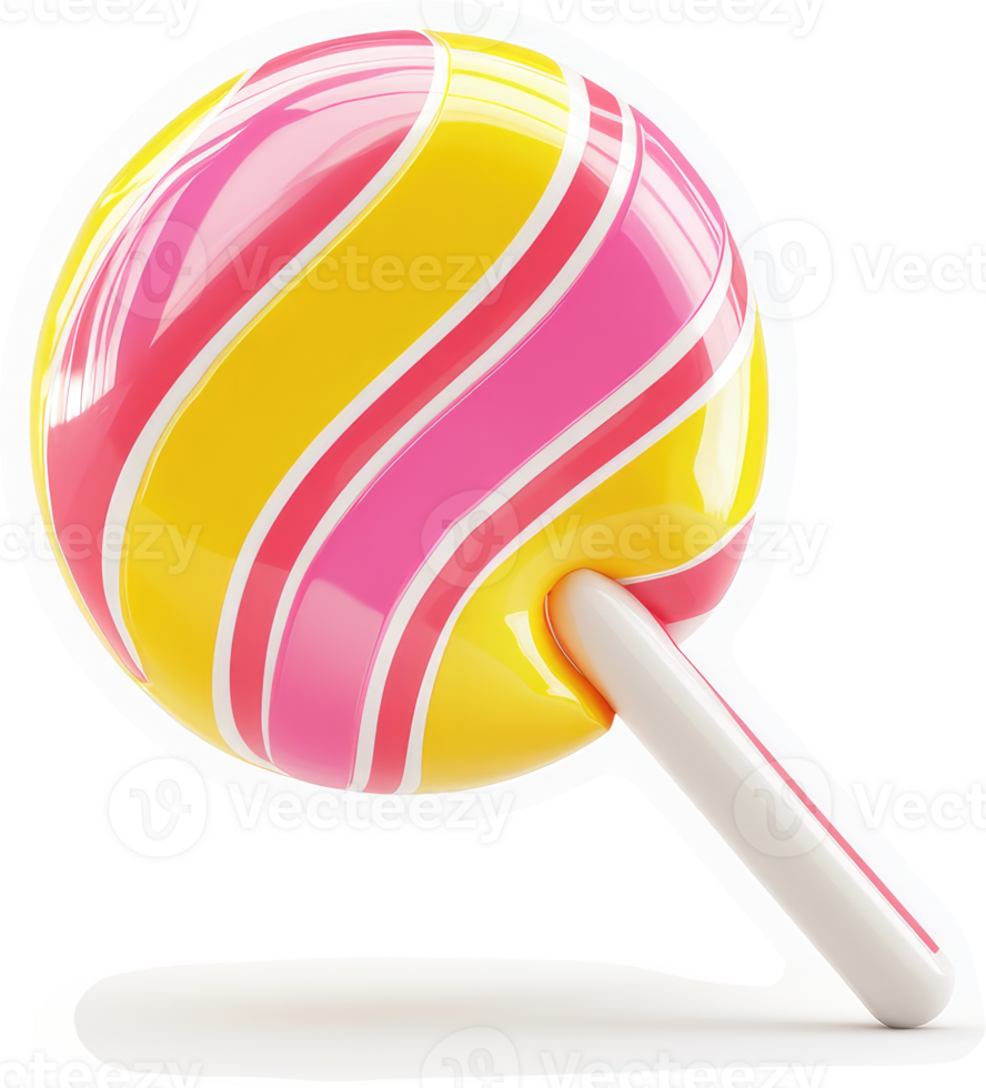 Vibrant pink and yellow swirl lollipop on a stick. png
