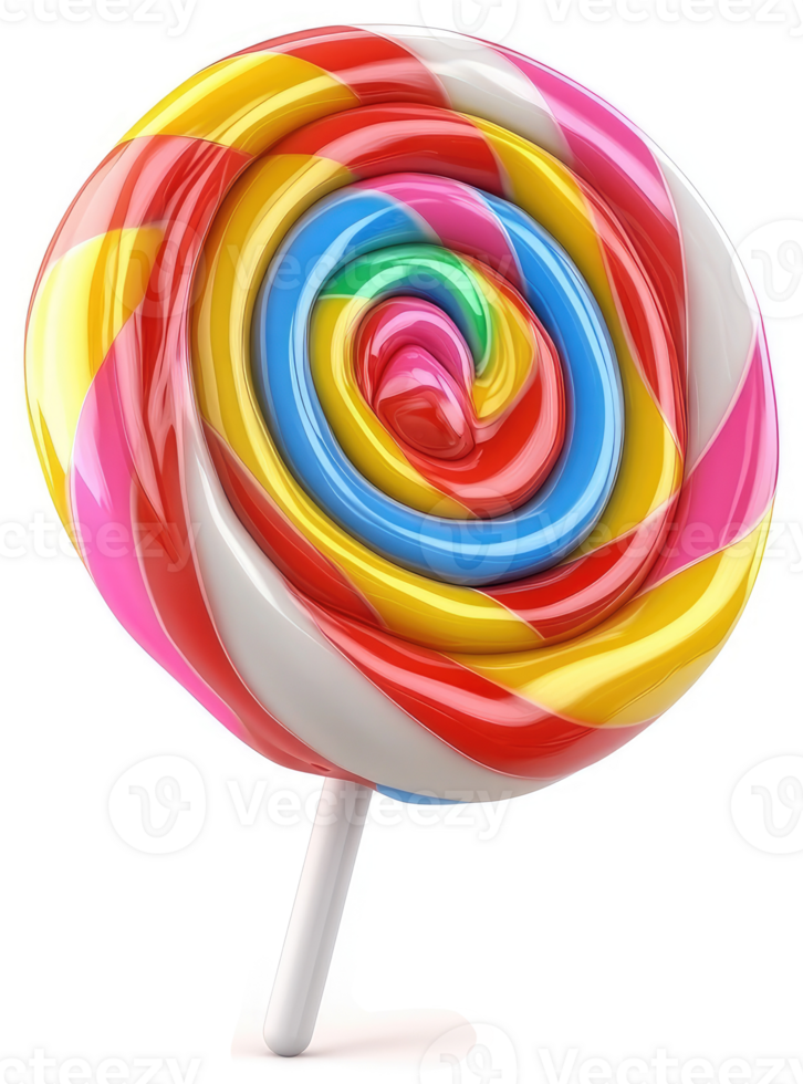 Vibrant swirl of colorful lollipop on a stick. png