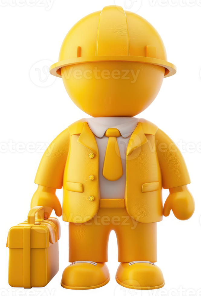 Smiling, yellow cartoon engineer figure with briefcase. png