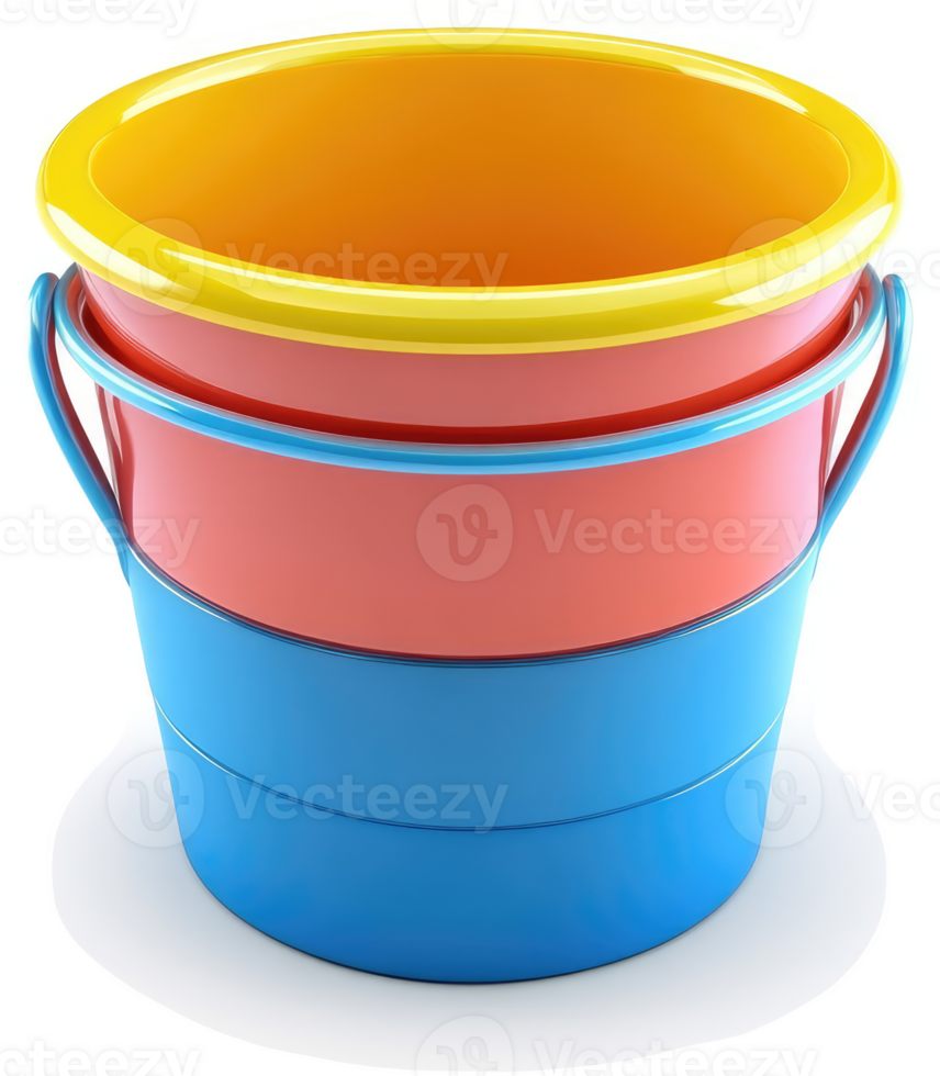 Colorful plastic buckets stacked vertically. png