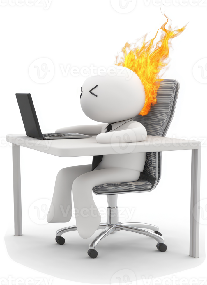 Overworked individual with flaming head, facing computer. png