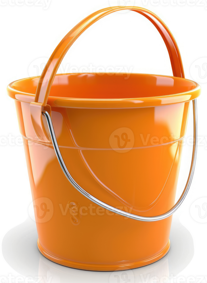Shiny orange plastic pail with metal handle. png