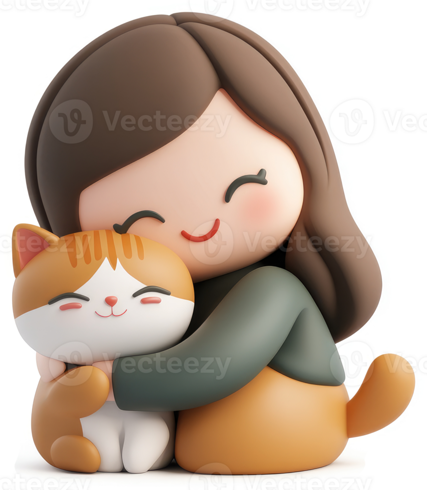 Cartoon girl embraces a ginger cat, showcasing affection. png