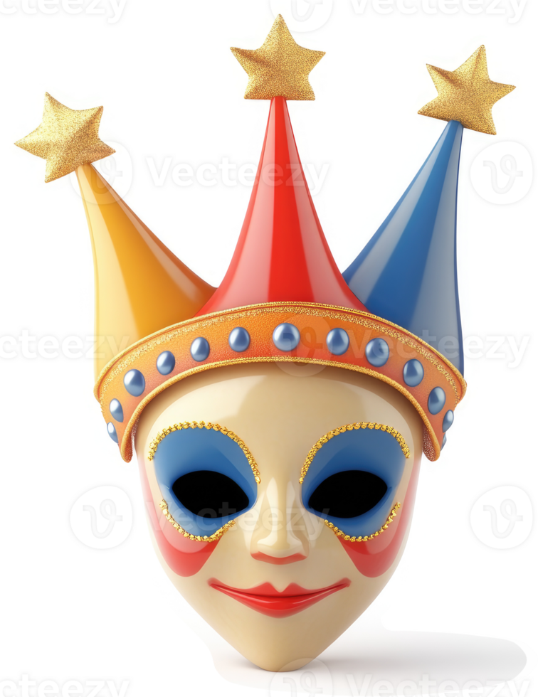 Colorful jester mask with decorative star-shaped toppers. png