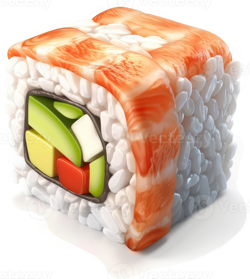 Close-up of a vibrant, cubed sushi roll. png