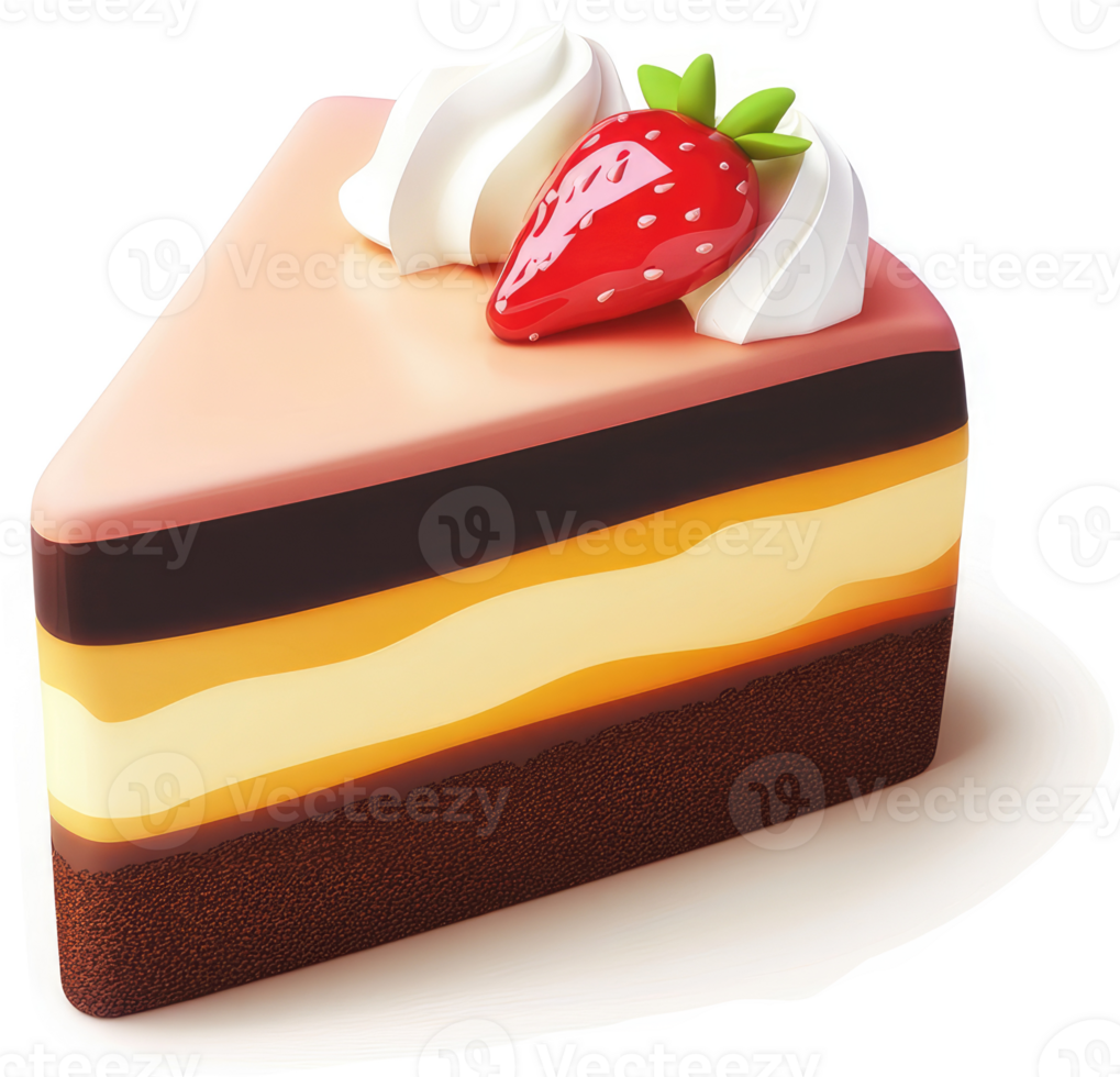 Colorful layered cake slice with a strawberry topping. png