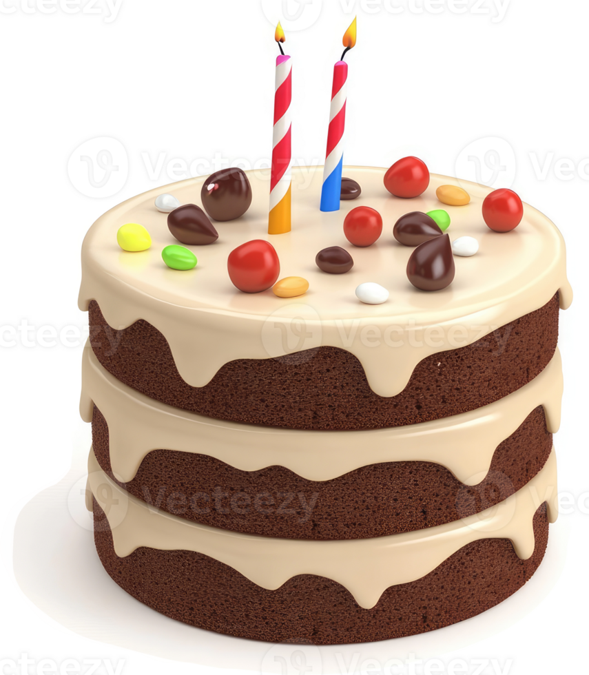 Multi-layered chocolate cake with colorful decorations. png