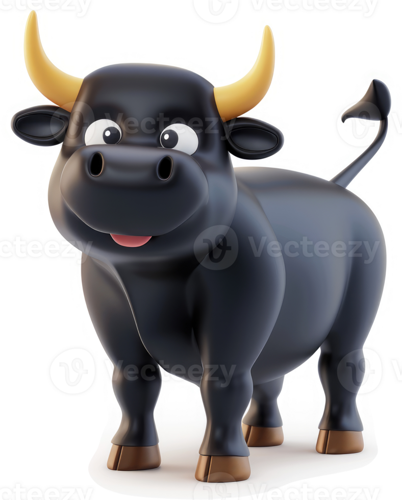 Smiling black bull cartoon character stands alert. png