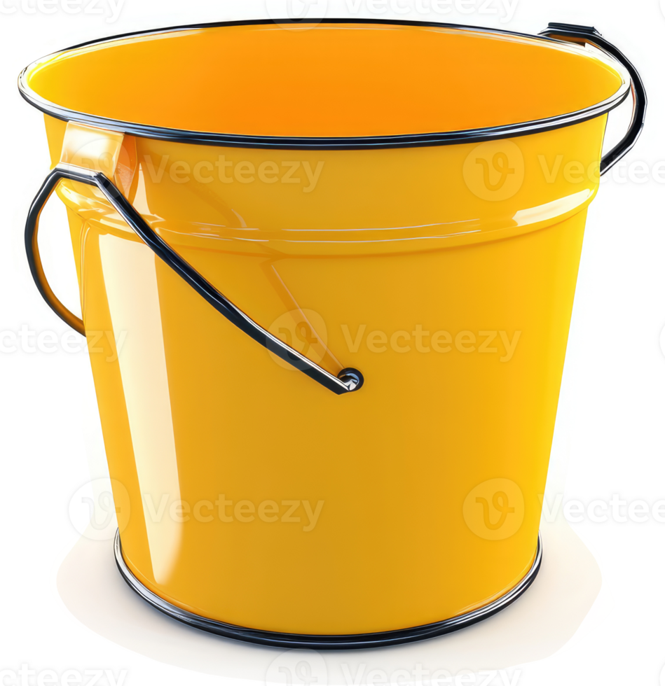 Empty bright yellow metal bucket with handles. png