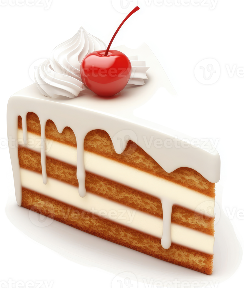 Delicious slice of layered cake with white frosting and cherry. png