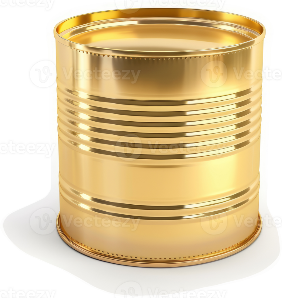 Gold-colored metal food can stands prominently. png