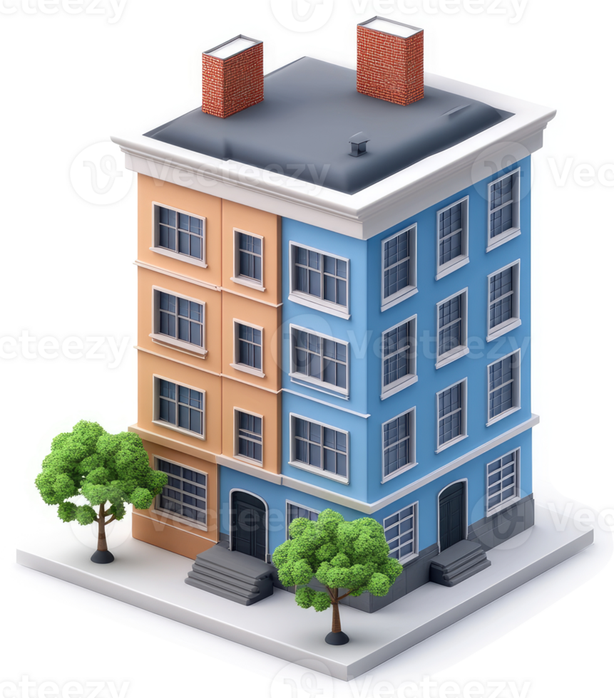 Colorful isometric building with two-toned facade and trees. png