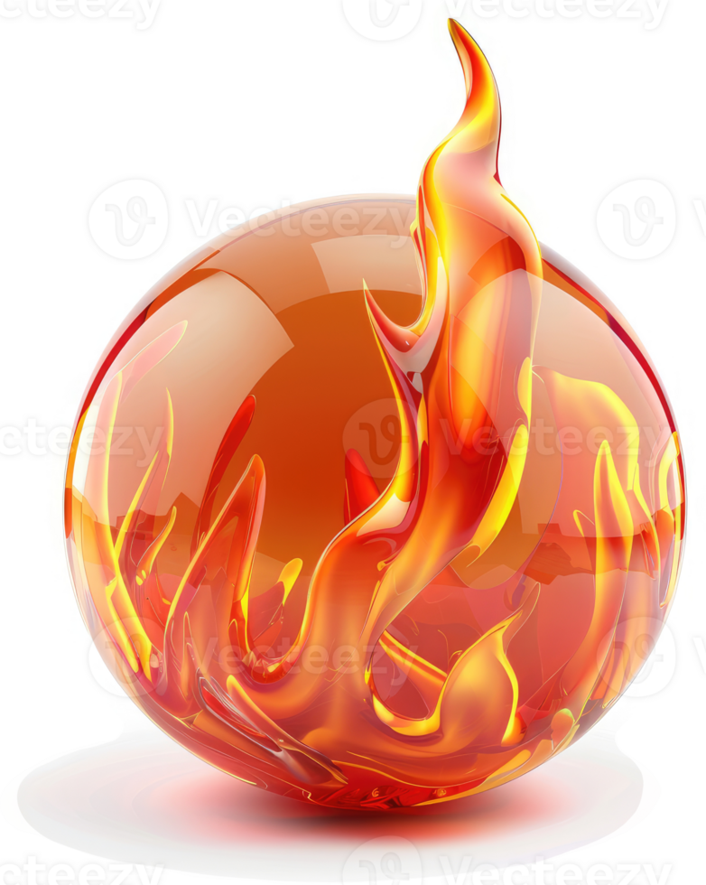 Fiery orb of molten flames within a transparent sphere. png
