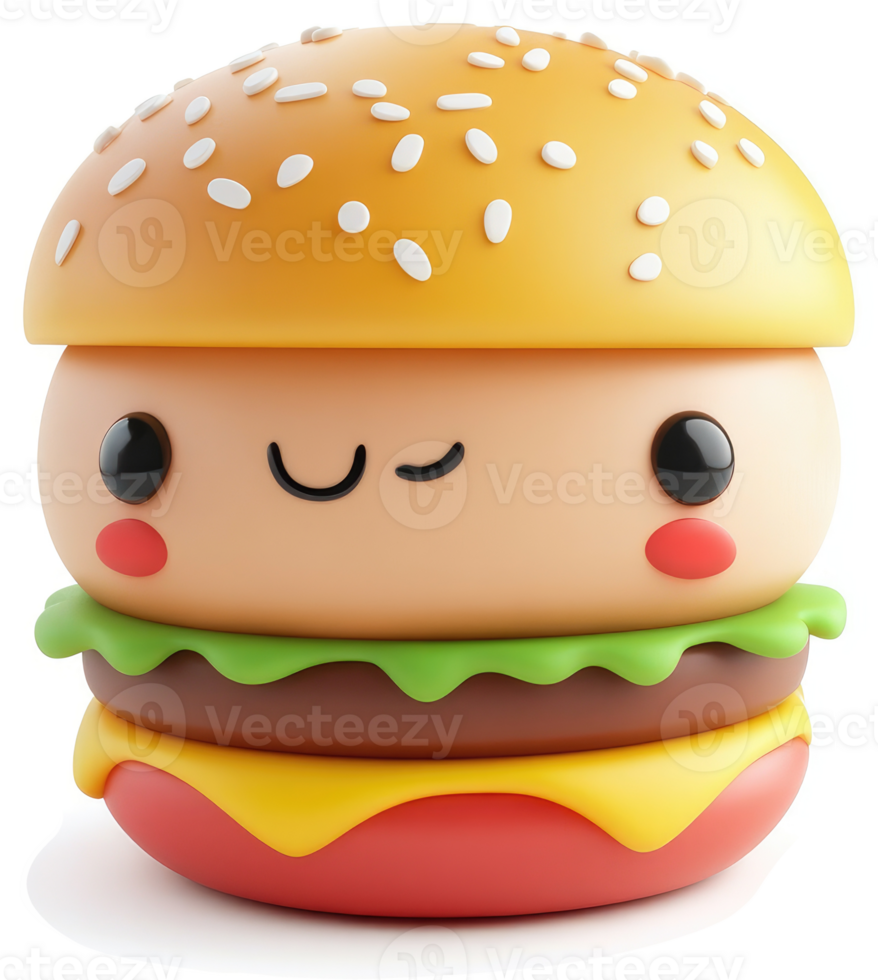 Cute cartoon hamburger with expressive eyes and a happy face. png