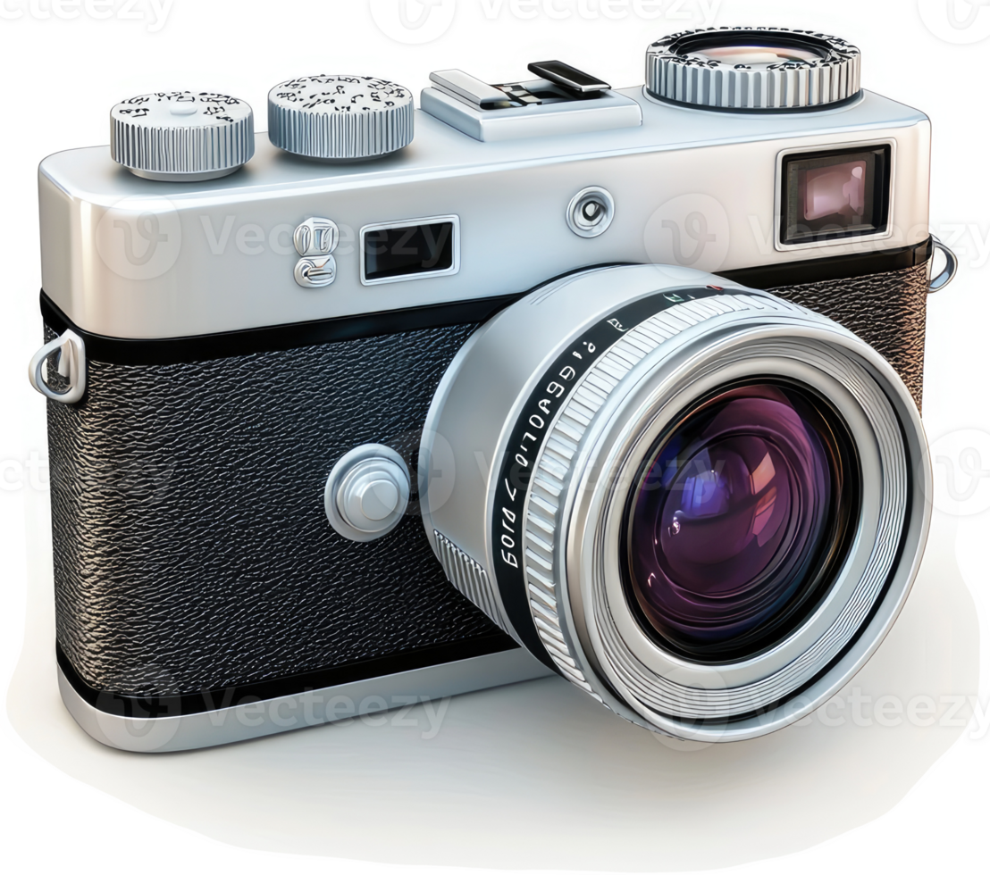 Vintage silver camera with a large lens. png