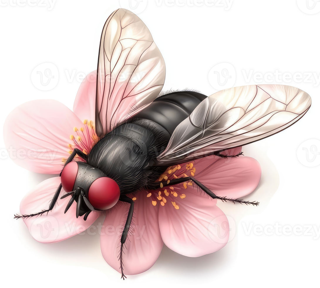 A detailed illustration of a fly resting on a pink blossom. png