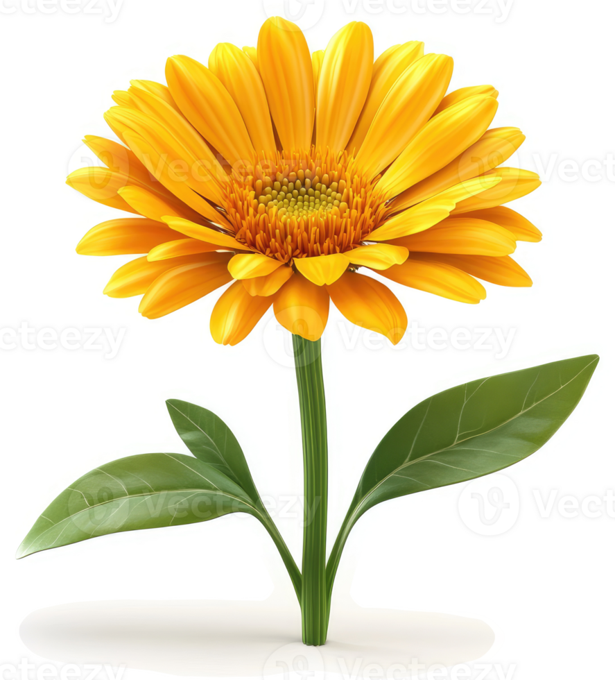 Vibrant yellow gerbera daisy with verdant leaves. png