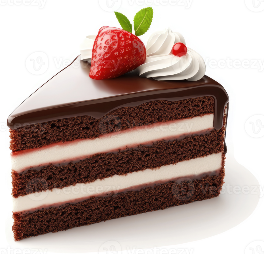 Chocolate cake slice topped with whipped cream and strawberries. png