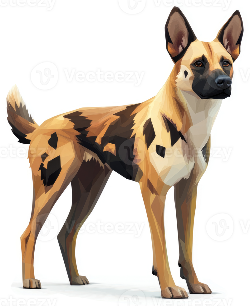 Geometric illustration of a captivating African hunting dog. png