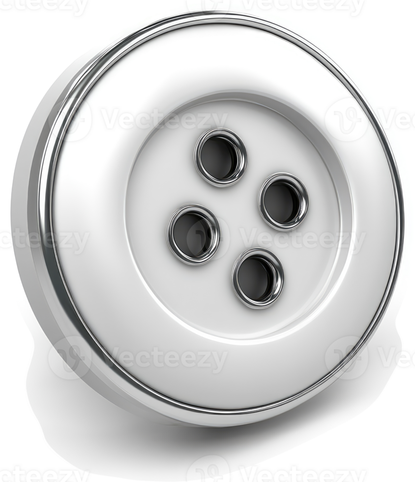 Round white button with metallic trim and four buttonholes. png