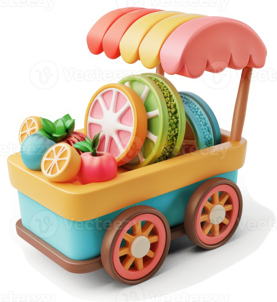 Colorful fruit cart with a rainbow umbrella. png
