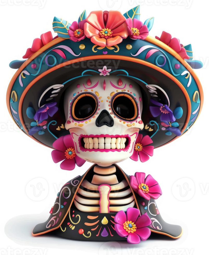 Colorful sugar skull adorned with a festive sombrero. png
