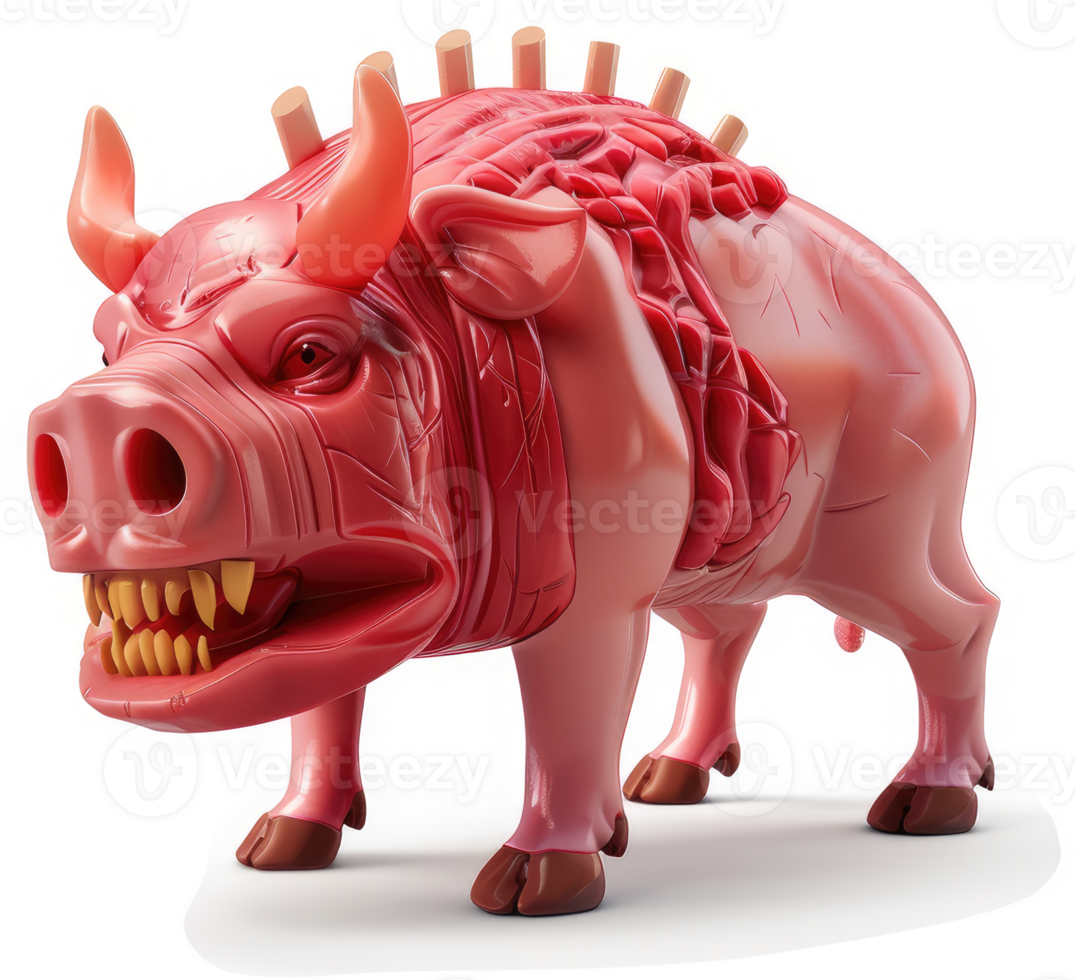 Intense, anatomical pig sculpture with exposed organs. png