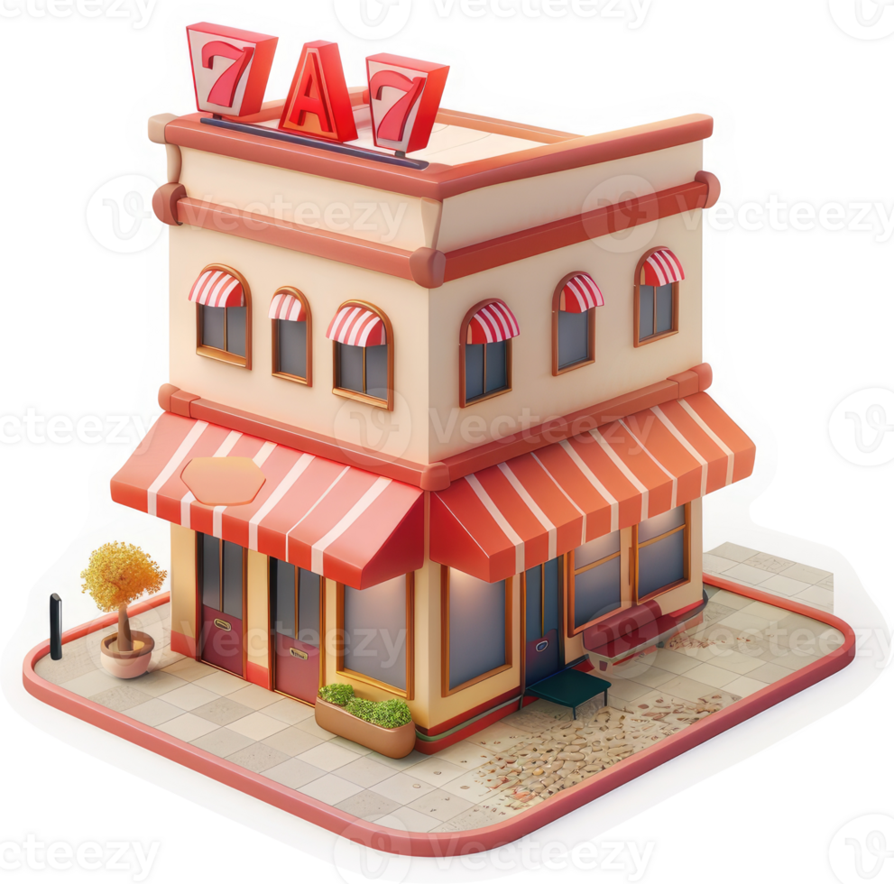 Retro-style building with a 777 sign depicts a stylized casino. png