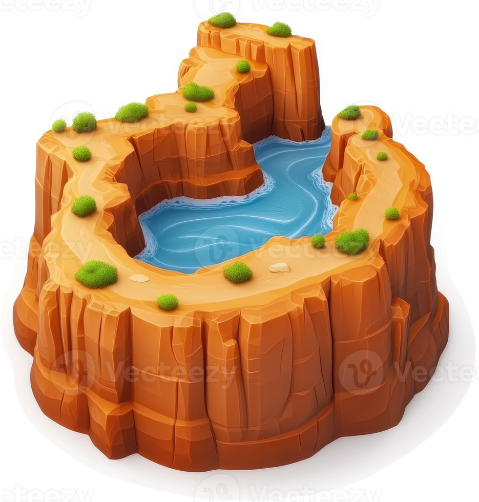 Cartoonish depiction of a desert canyon with a tranquil pool. png