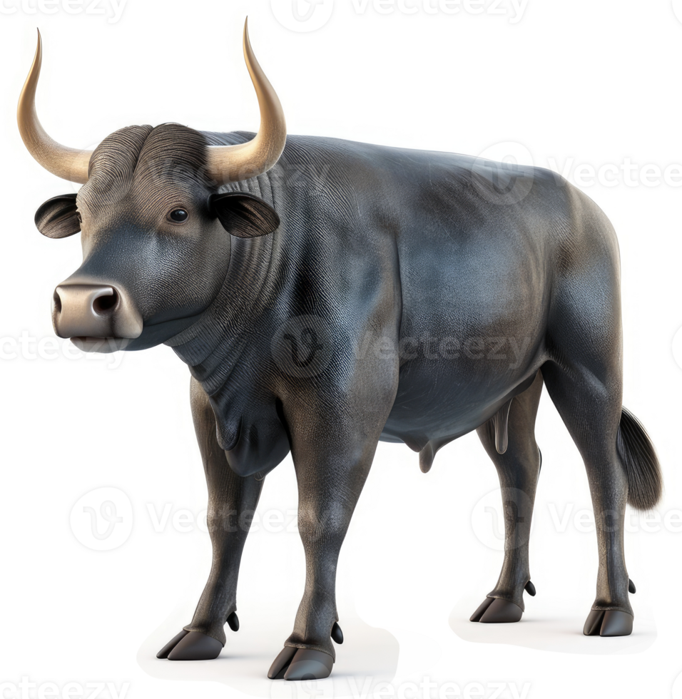 A robust, dark-colored bull stands majestically. png