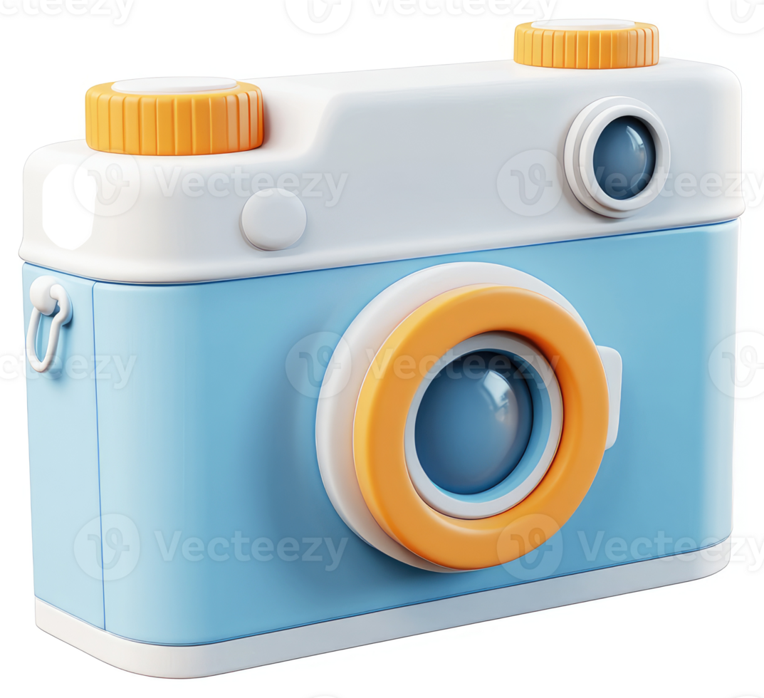 A stylized, light blue and orange digital camera design. png