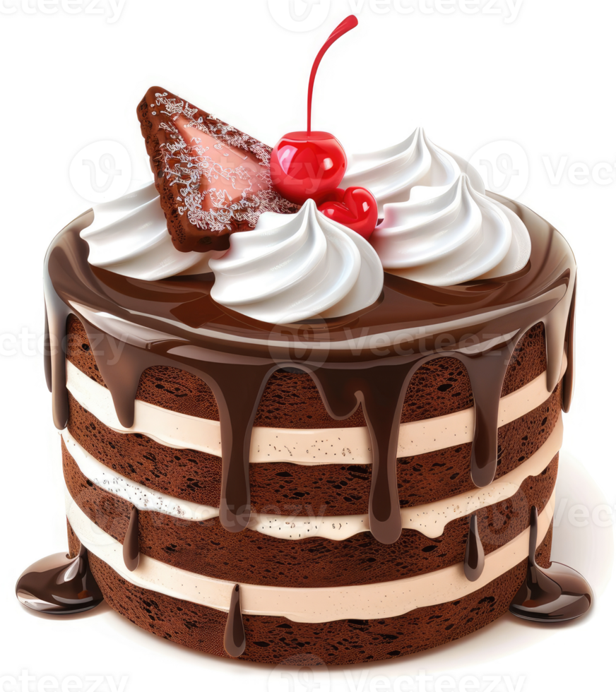 Delicious chocolate cake with whipped cream and cherries. png