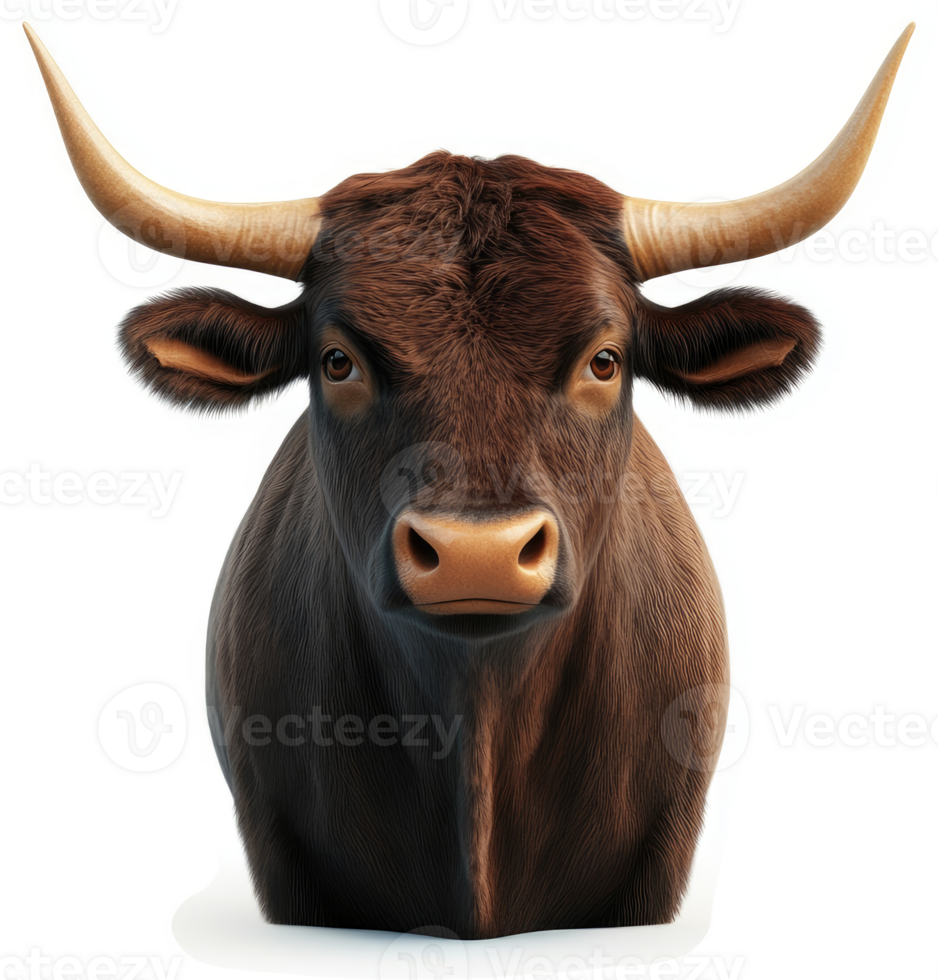 Close-up portrait of a brown bull's head. png