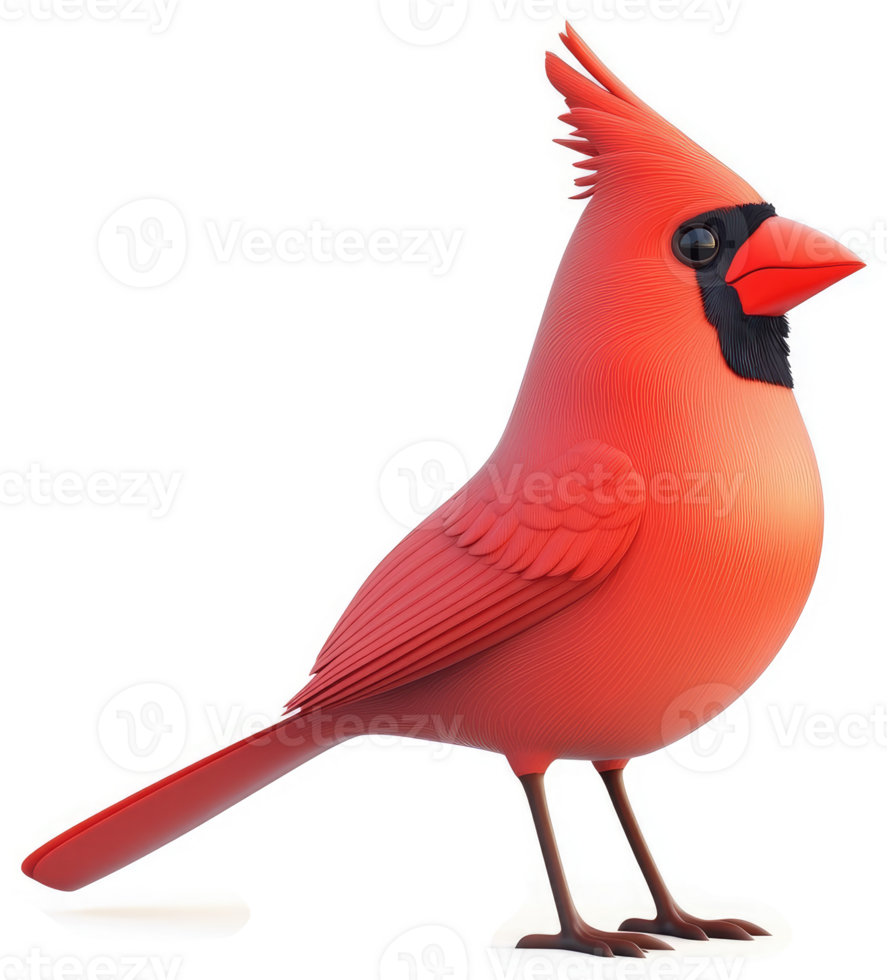 Vibrant red cardinal stands proud against a stark white background. png