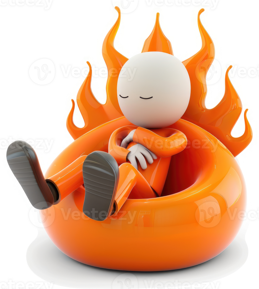 A stylized figure rests peacefully in an orange, fiery throne. png