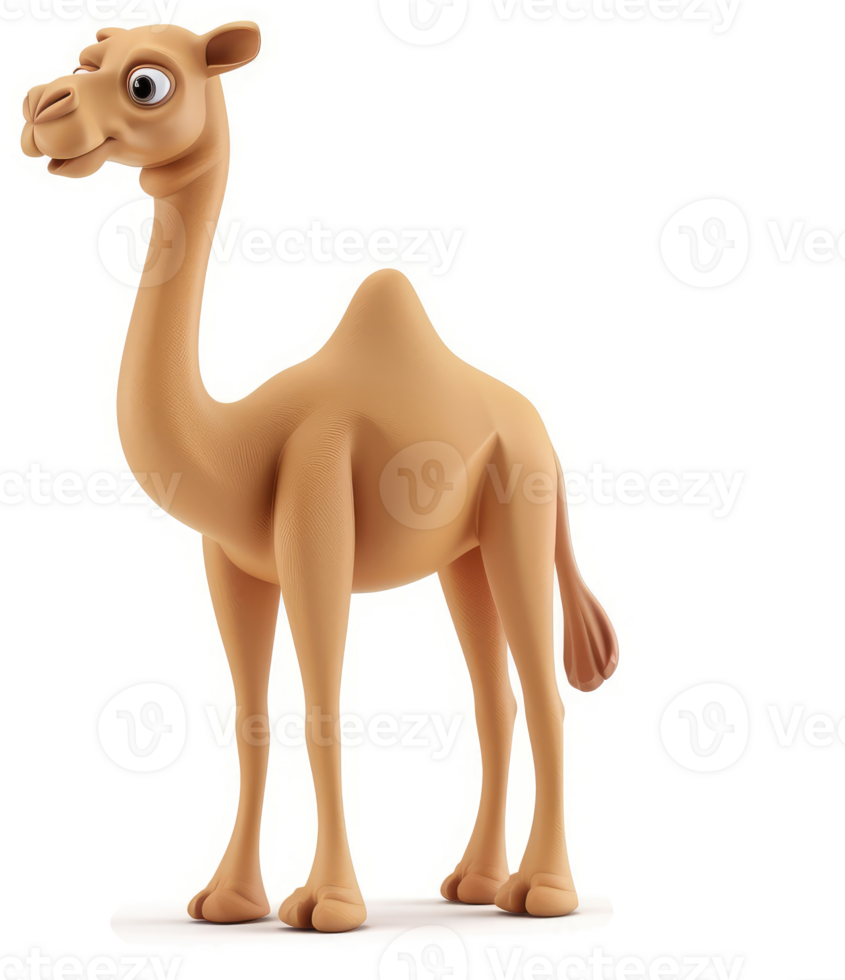 Cartoon camel stands tall and smiling against white. png