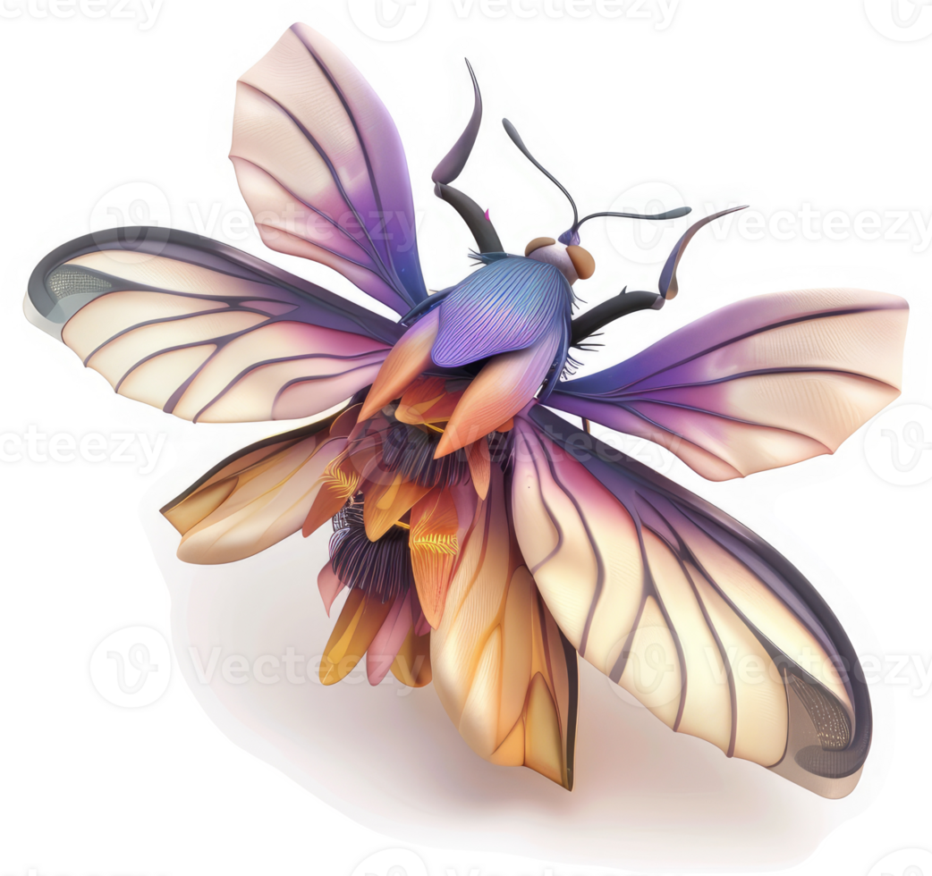 Vibrant, three-dimensional illustration of a fantastical insect. png