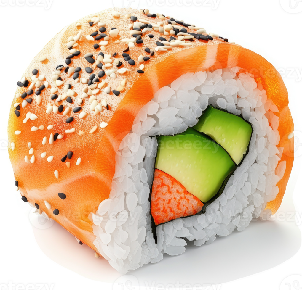 Colorful salmon sushi roll with avocado and crab. png