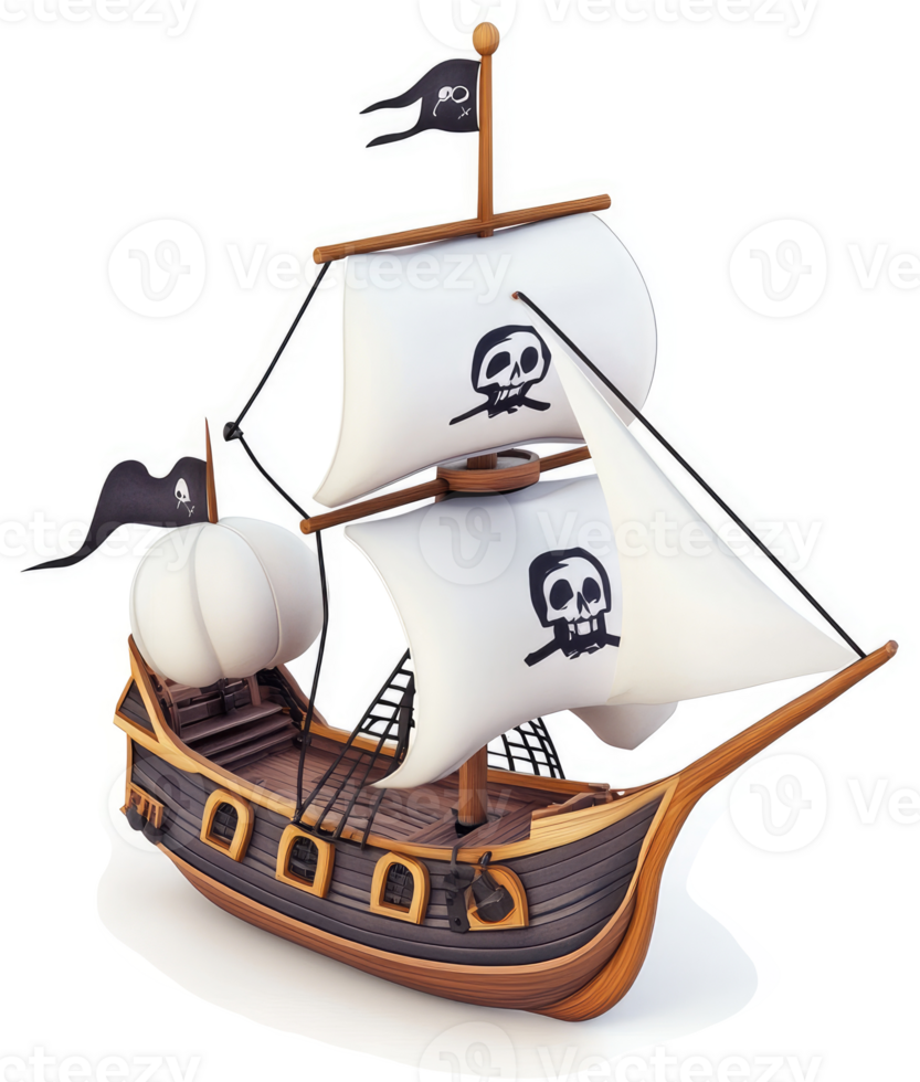 Cartoon pirate ship with white sails and skull flags. png