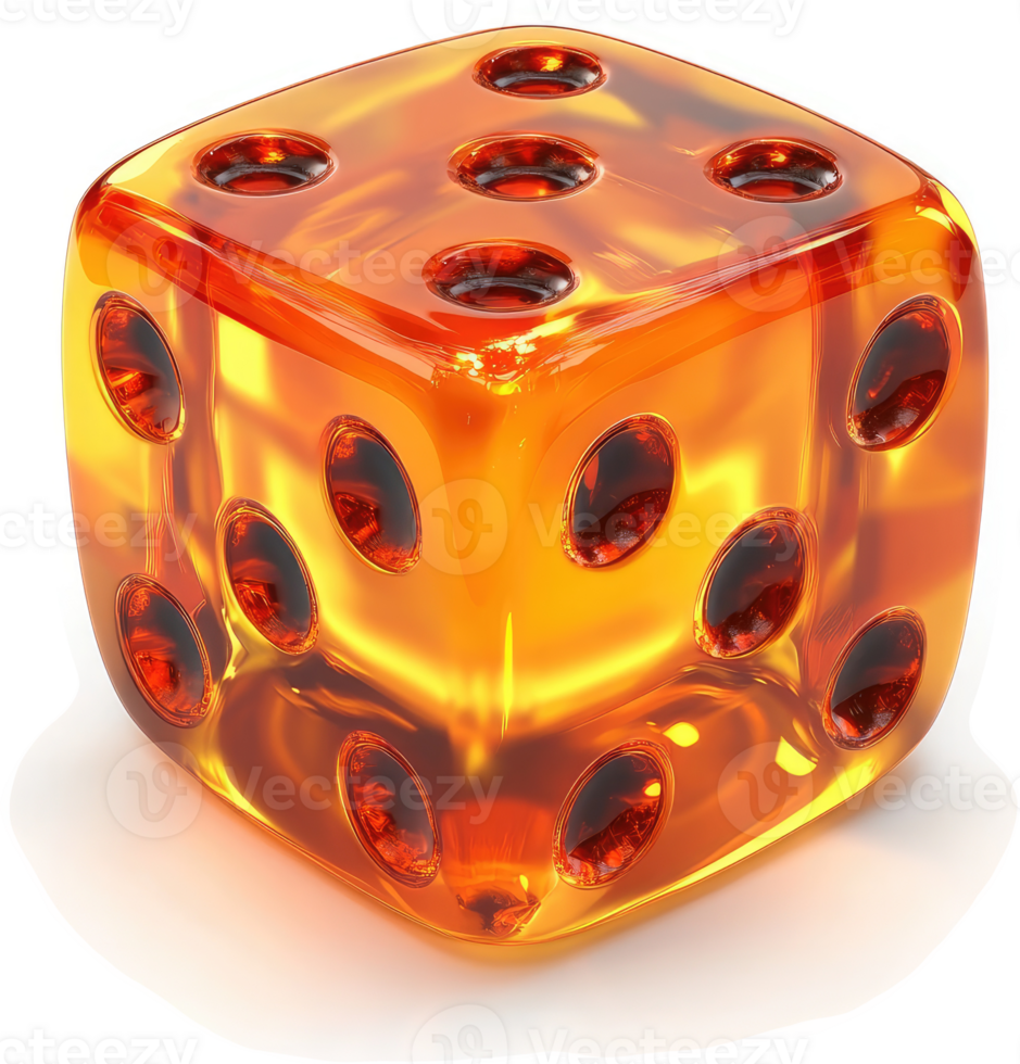 Transparent amber-colored die with red dots. png