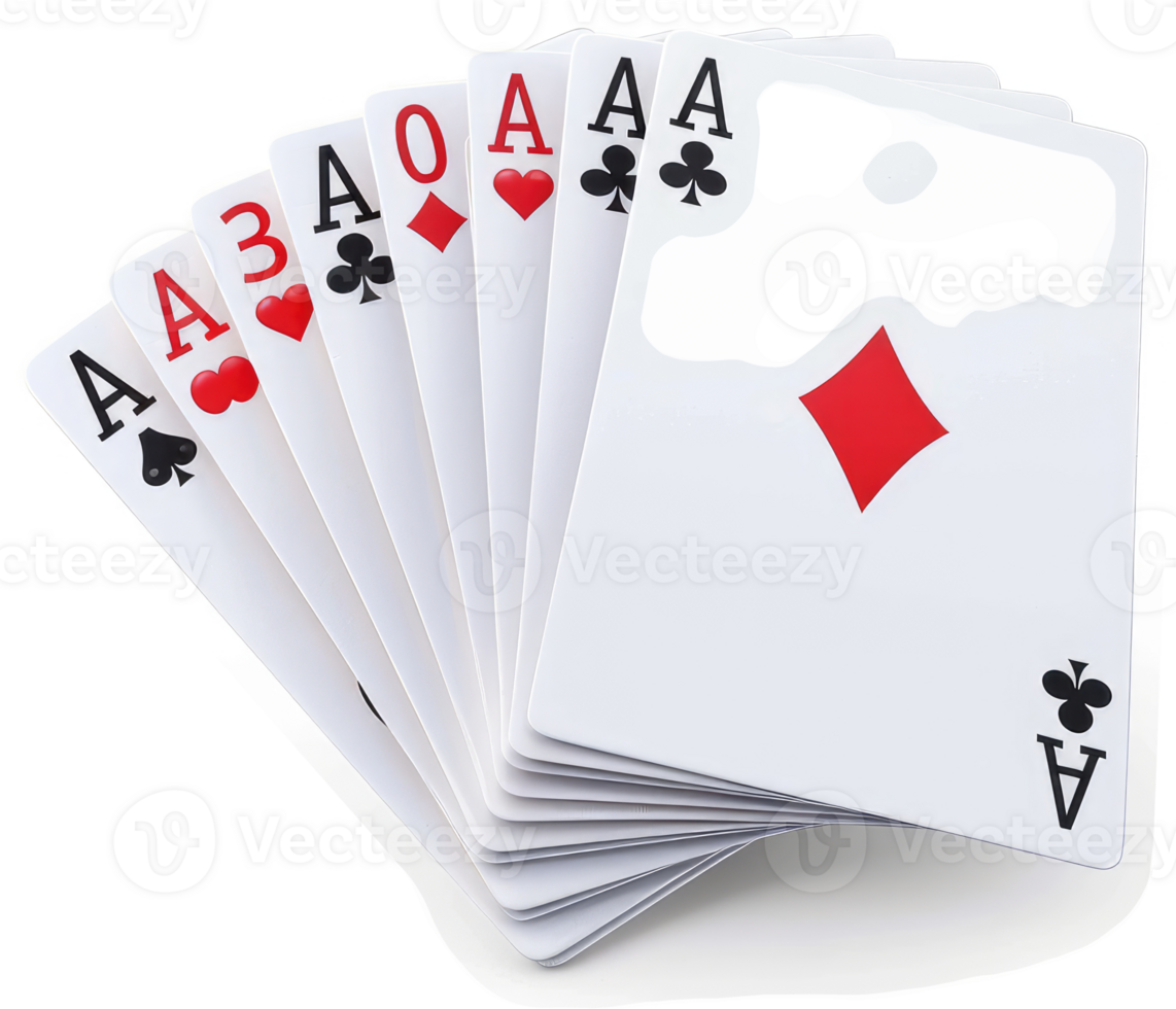 Stacked playing cards showing multiple aces. png