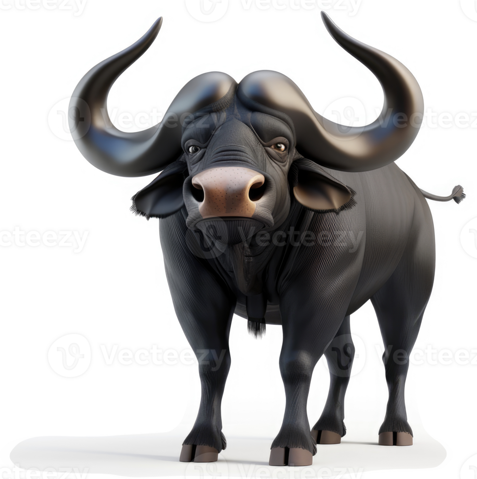Majestic black buffalo stands tall in profile view. png