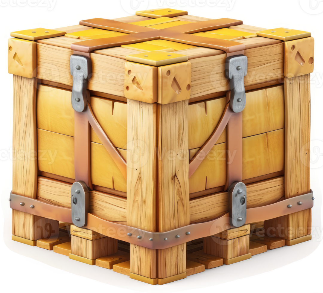 Wooden crate with straps and metal hardware. png