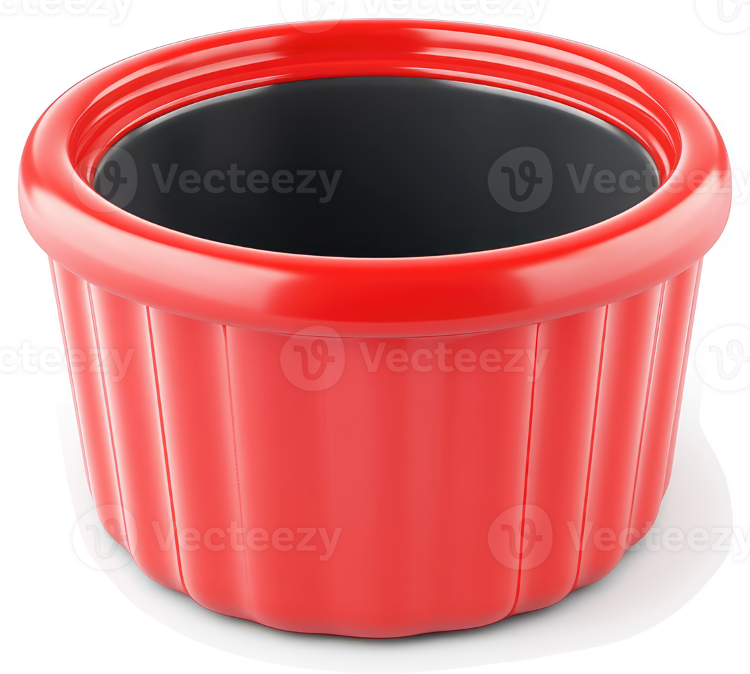 Empty red plastic ramekin with dark contents. png